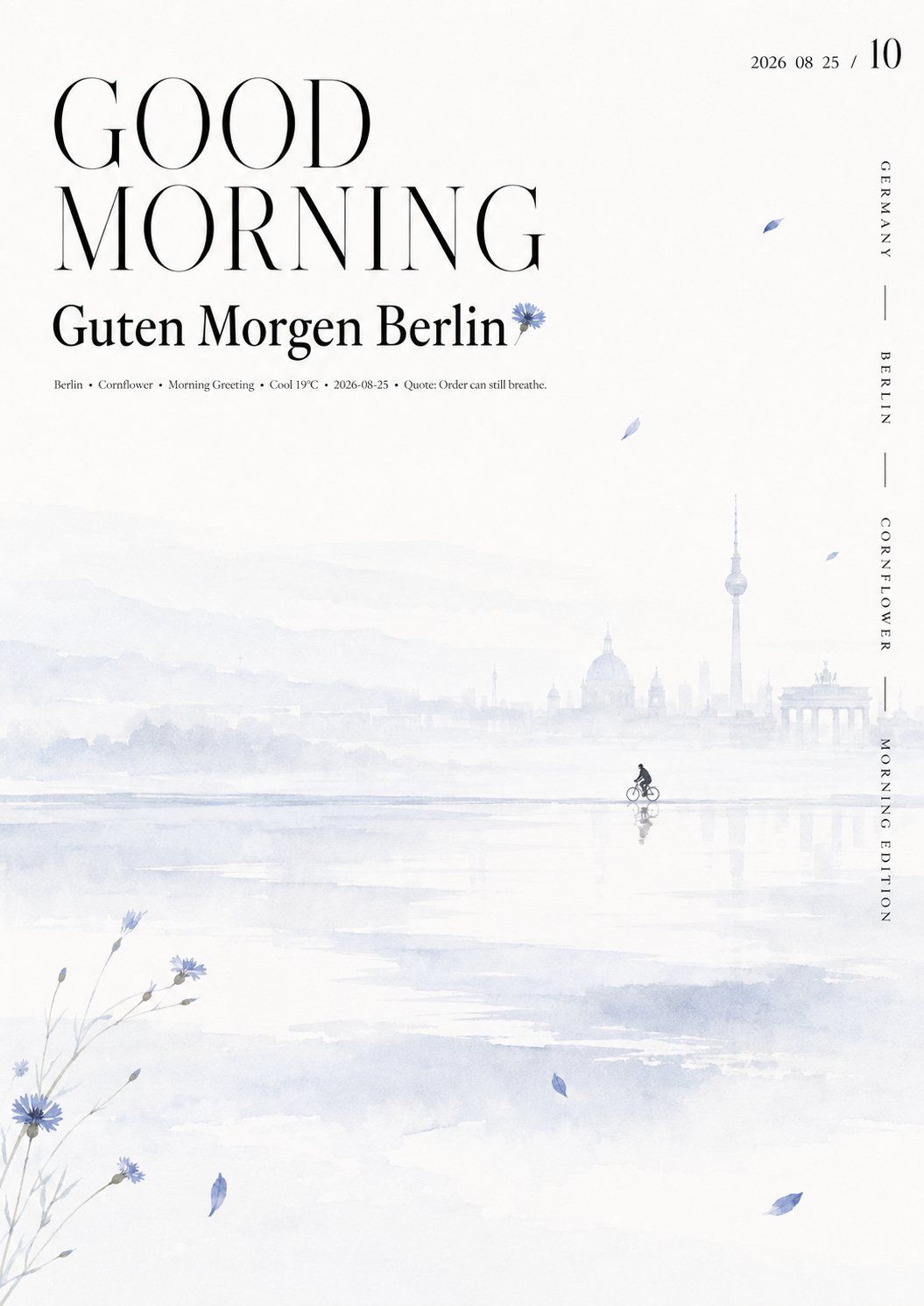 Pale blue Good Morning Berlin poster with cornflowers, a cyclist, and a softly washed city skyline