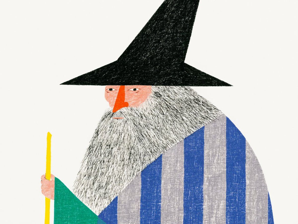 Bearded wizard in a tall black hat and striped robe holding a yellow staff