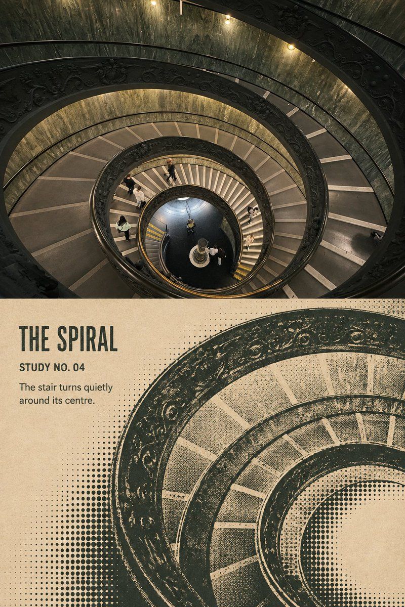Spiral staircase photographed from above and reinterpreted as a dark green halftone print