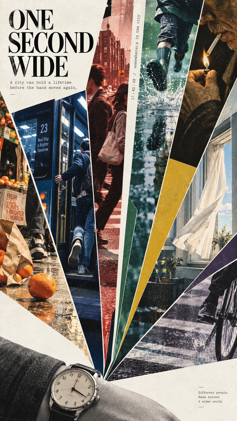 ONE SECOND WIDE city-life poster with sharp radial photographic slices bursting from a wristwatch