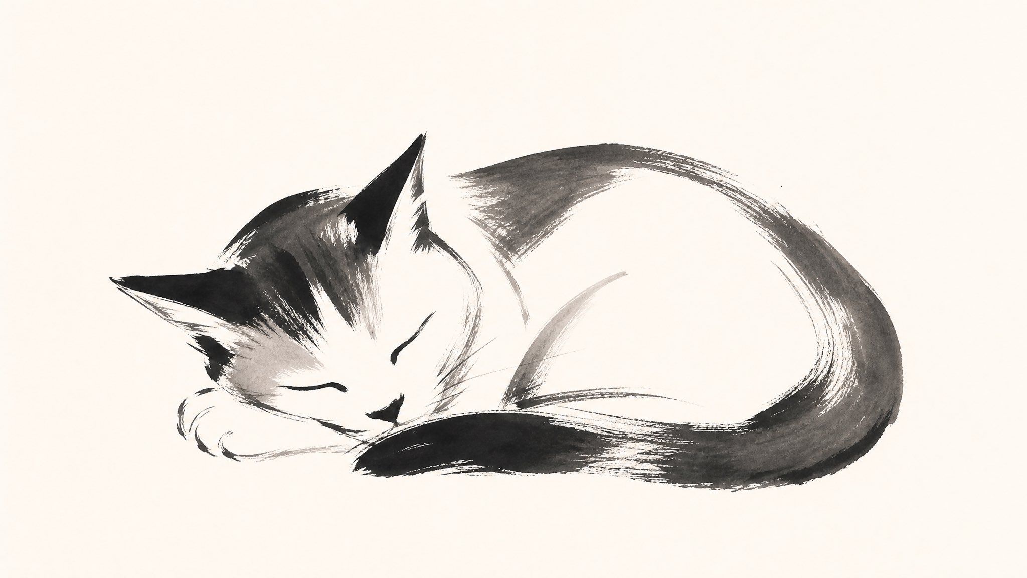 Sleeping cat curled into a loose oval of black and gray ink brushstrokes on warm white