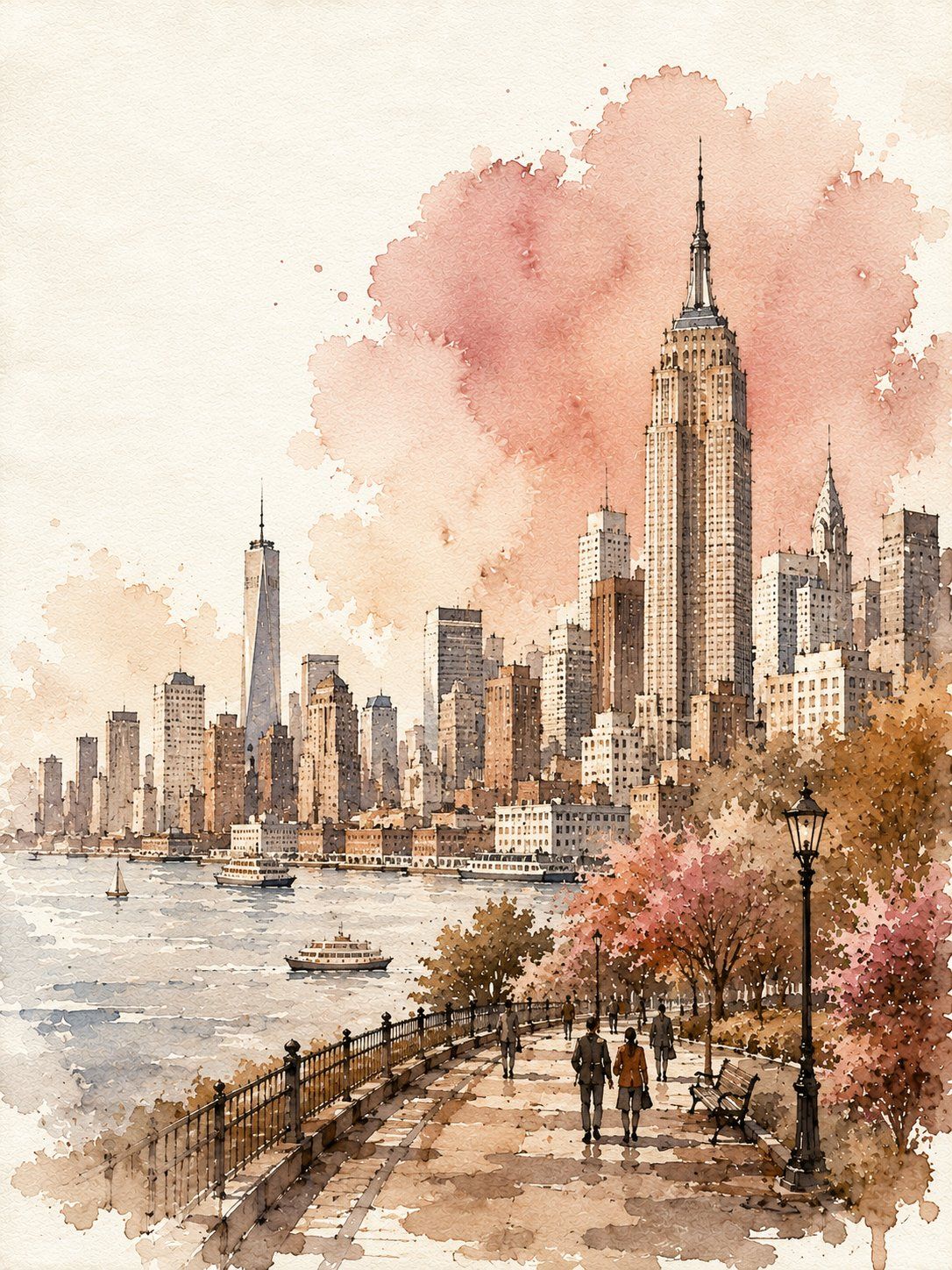 Watercolor and ink travel poster of New York with the Empire State Building, One World Trade Center, waterfront promenade, and pink washes