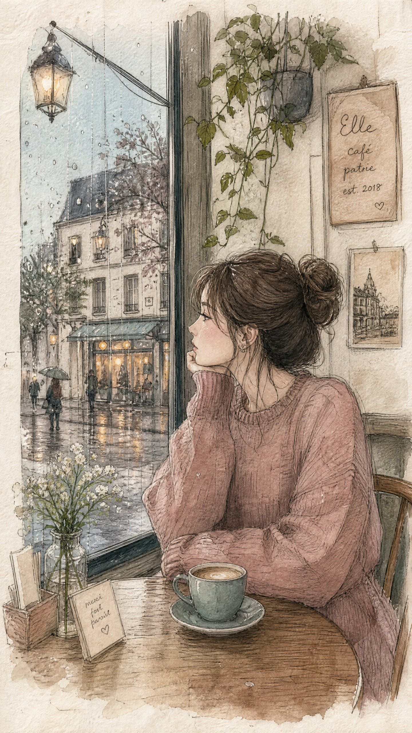 Woman in a pink sweater sitting by a rainy cafe window