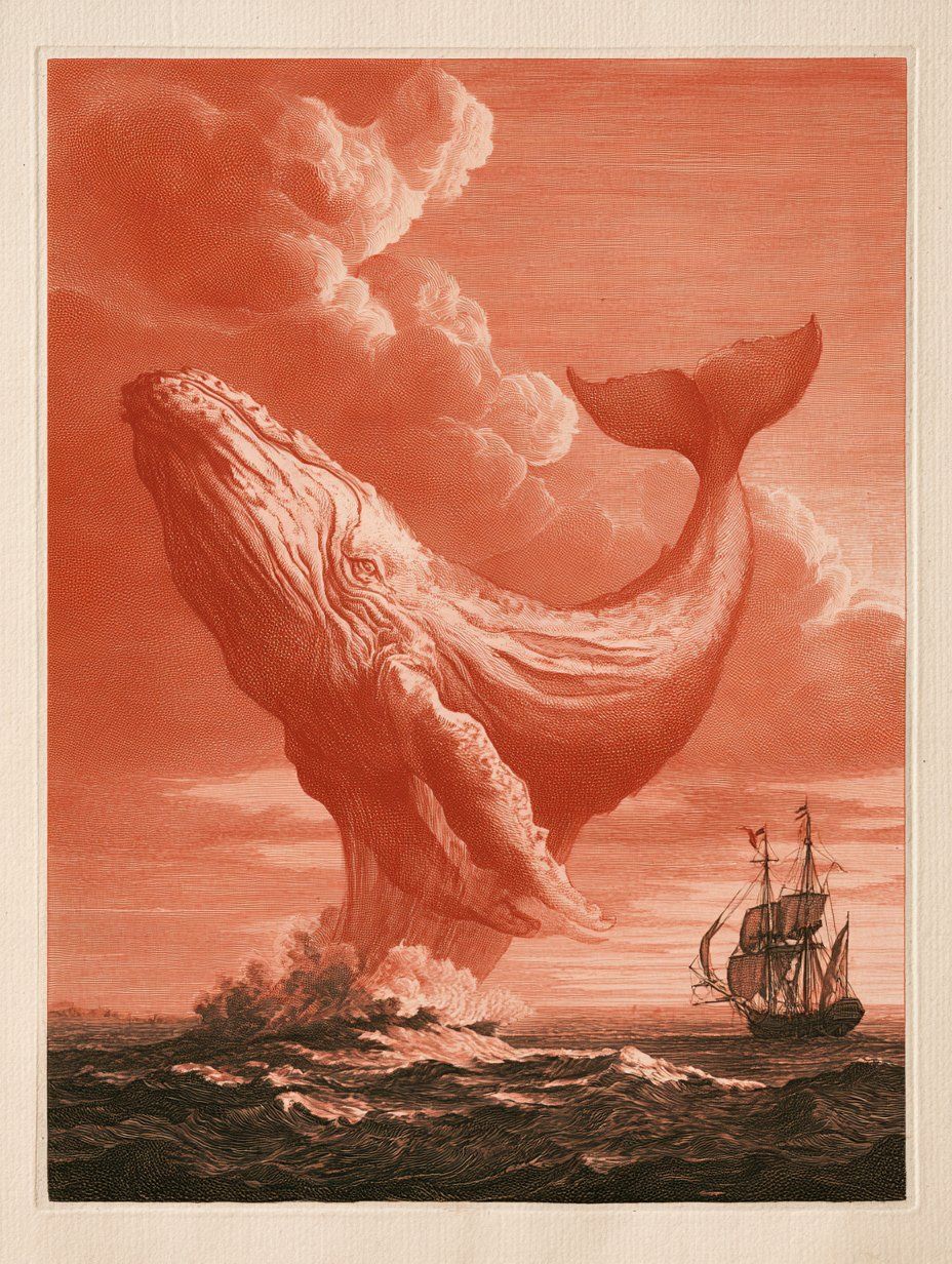 Deep-coral burin engraving of a giant whale breaching beside a small sailing ship