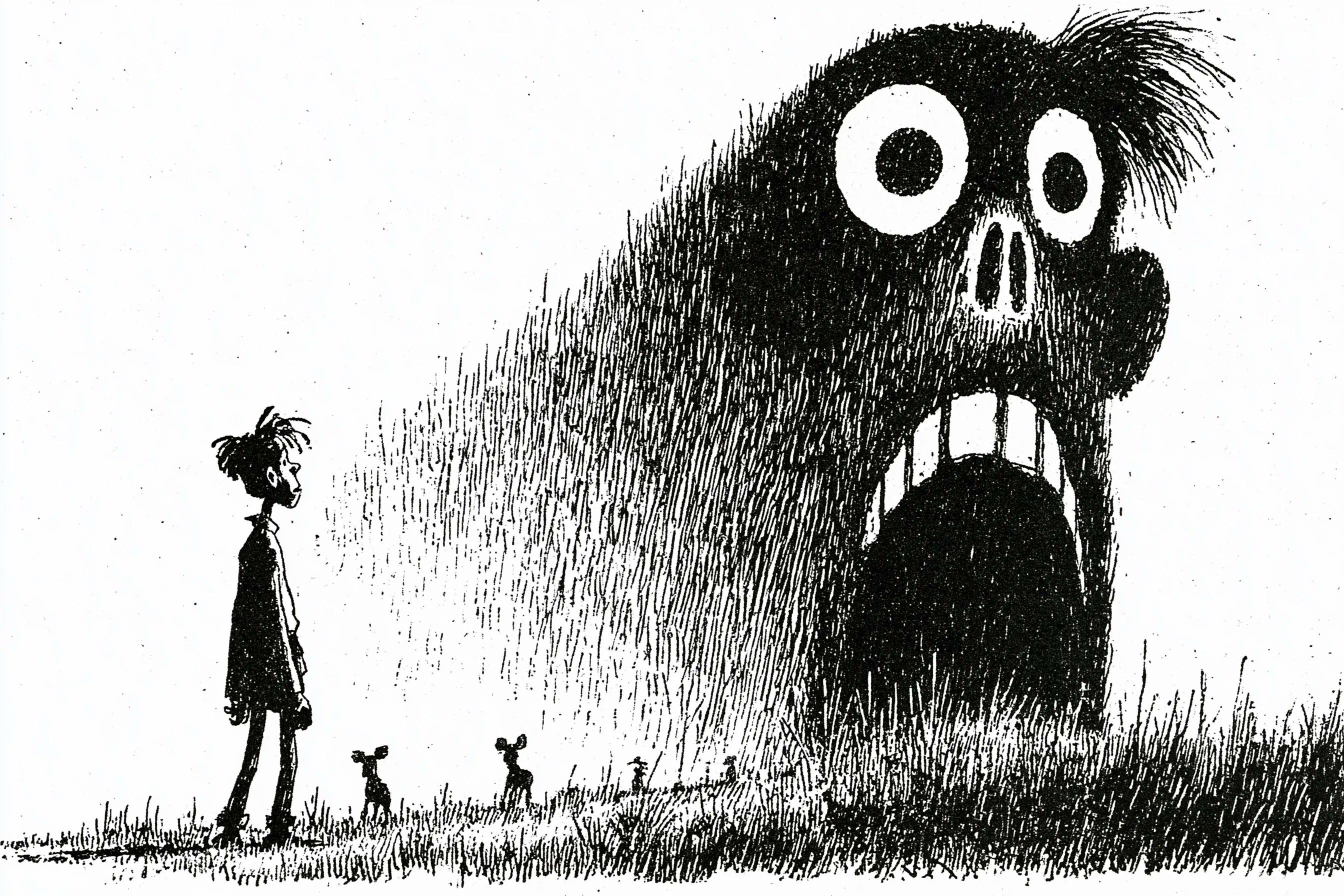 Small figure confronting a shaggy wide-eyed black ink monster with an enormous open mouth
