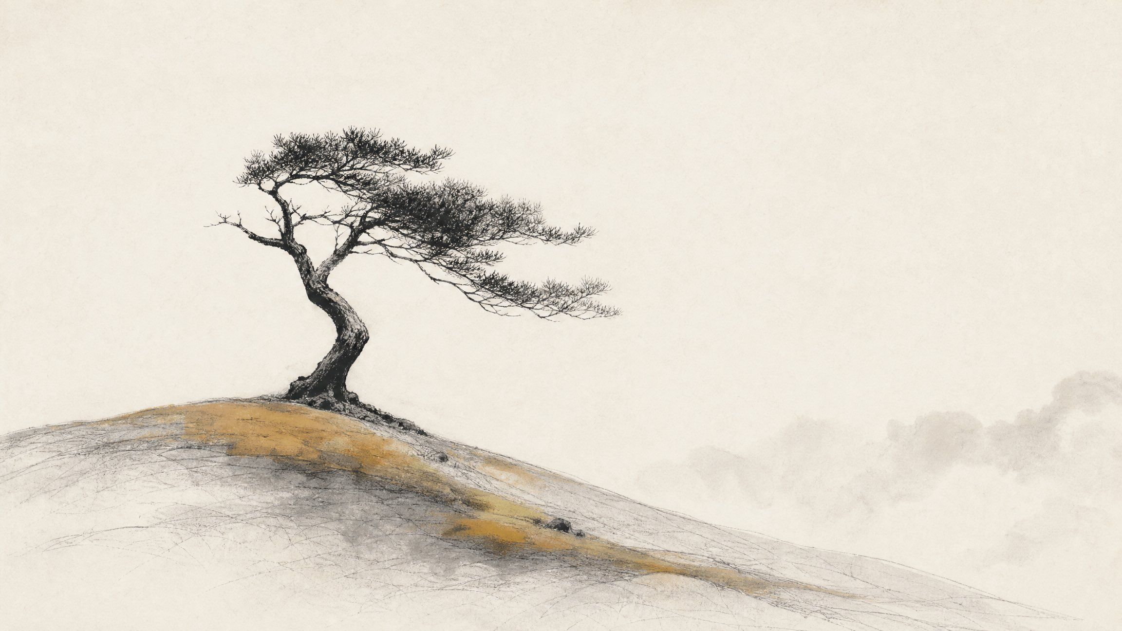 Minimal ink drawing of a windswept pine on a hill with a muted ochre accent
