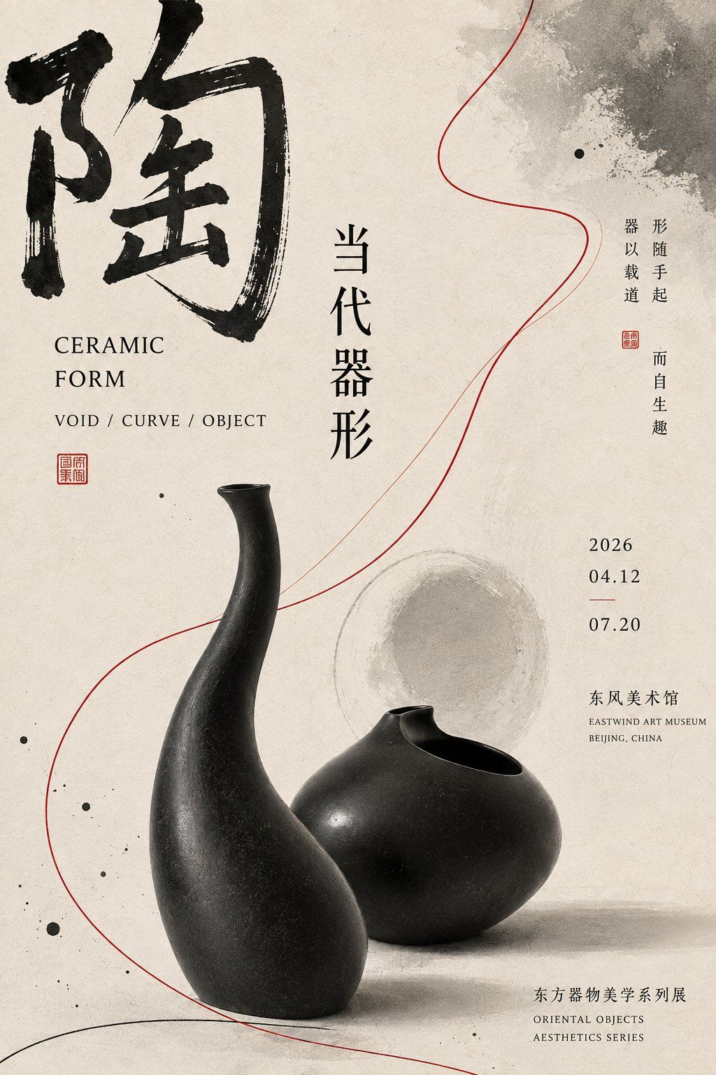 Black-glazed ceramic vessels on a textured ivory editorial poster with sweeping red curves and bold Chinese calligraphy