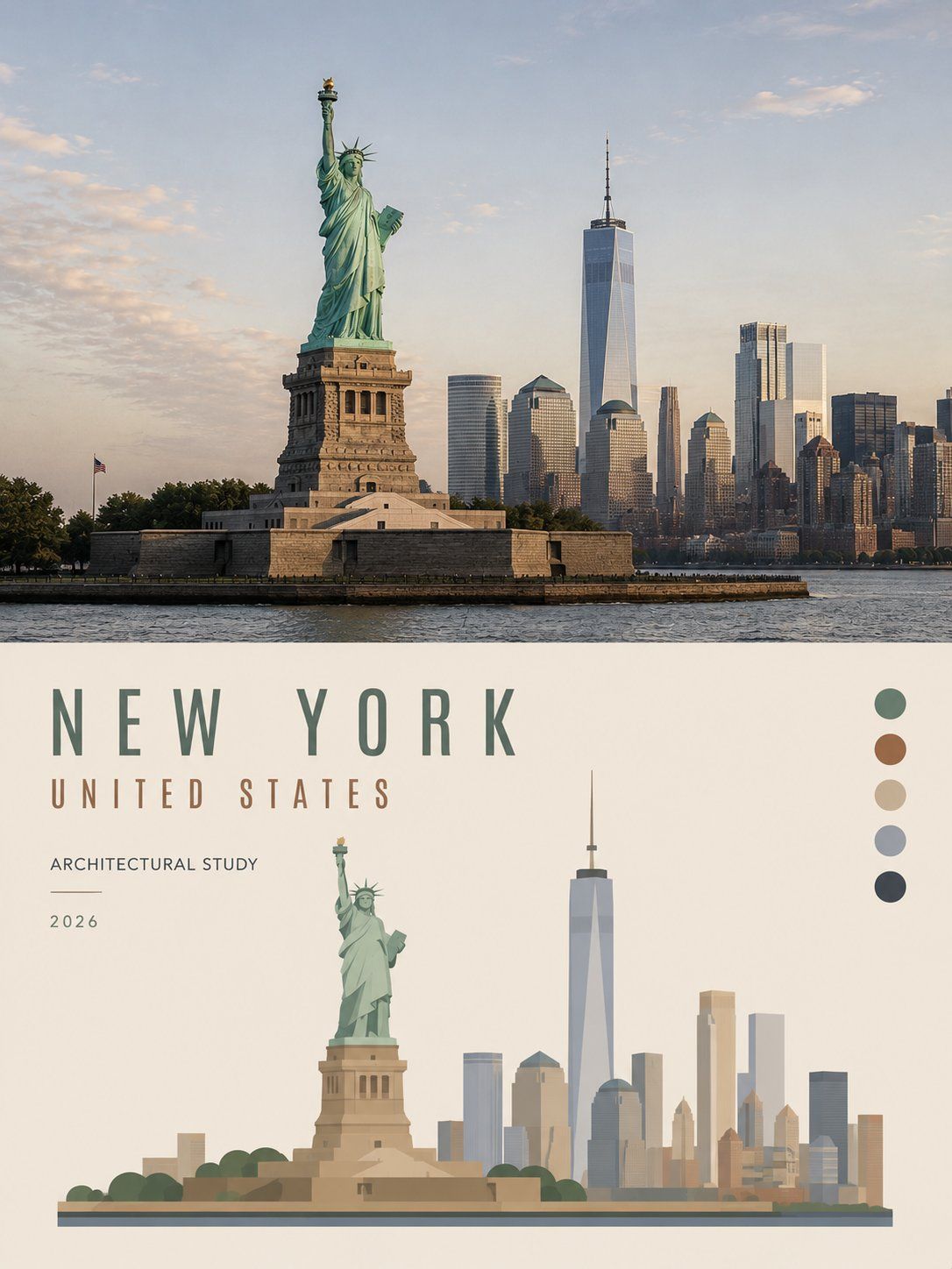 New York Statue of Liberty photograph above a flat geometric illustration of the harbor skyline