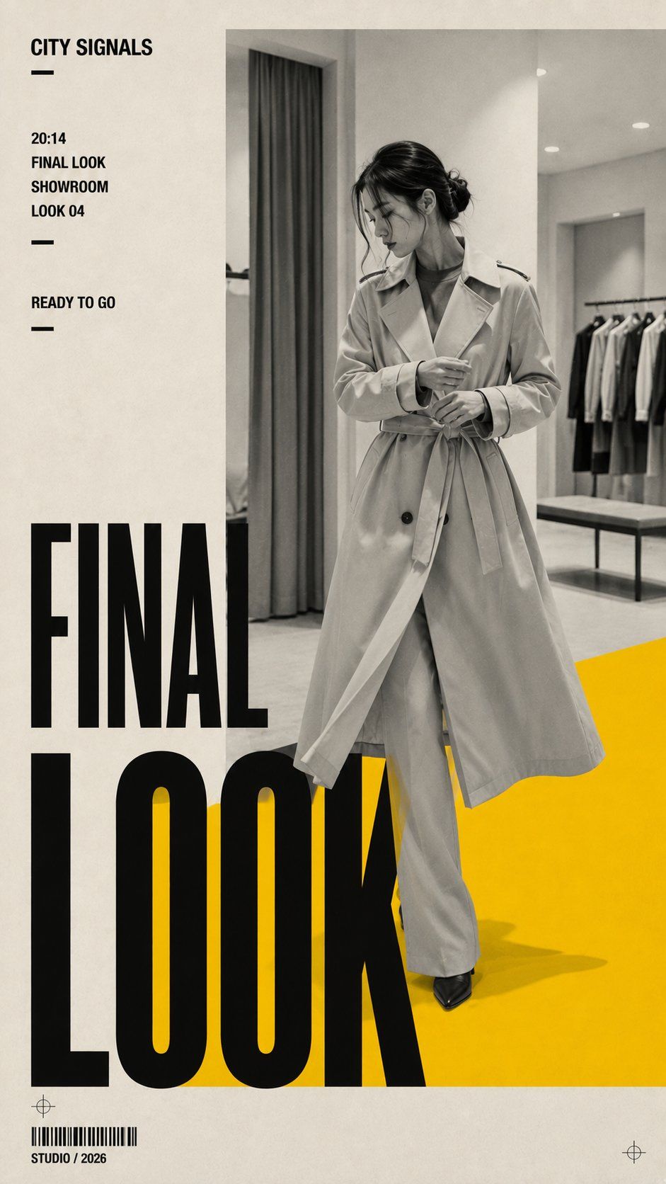 Black-and-white fashion poster of a woman adjusting a trench coat in a showroom with a yellow floor accent and FINAL LOOK typography