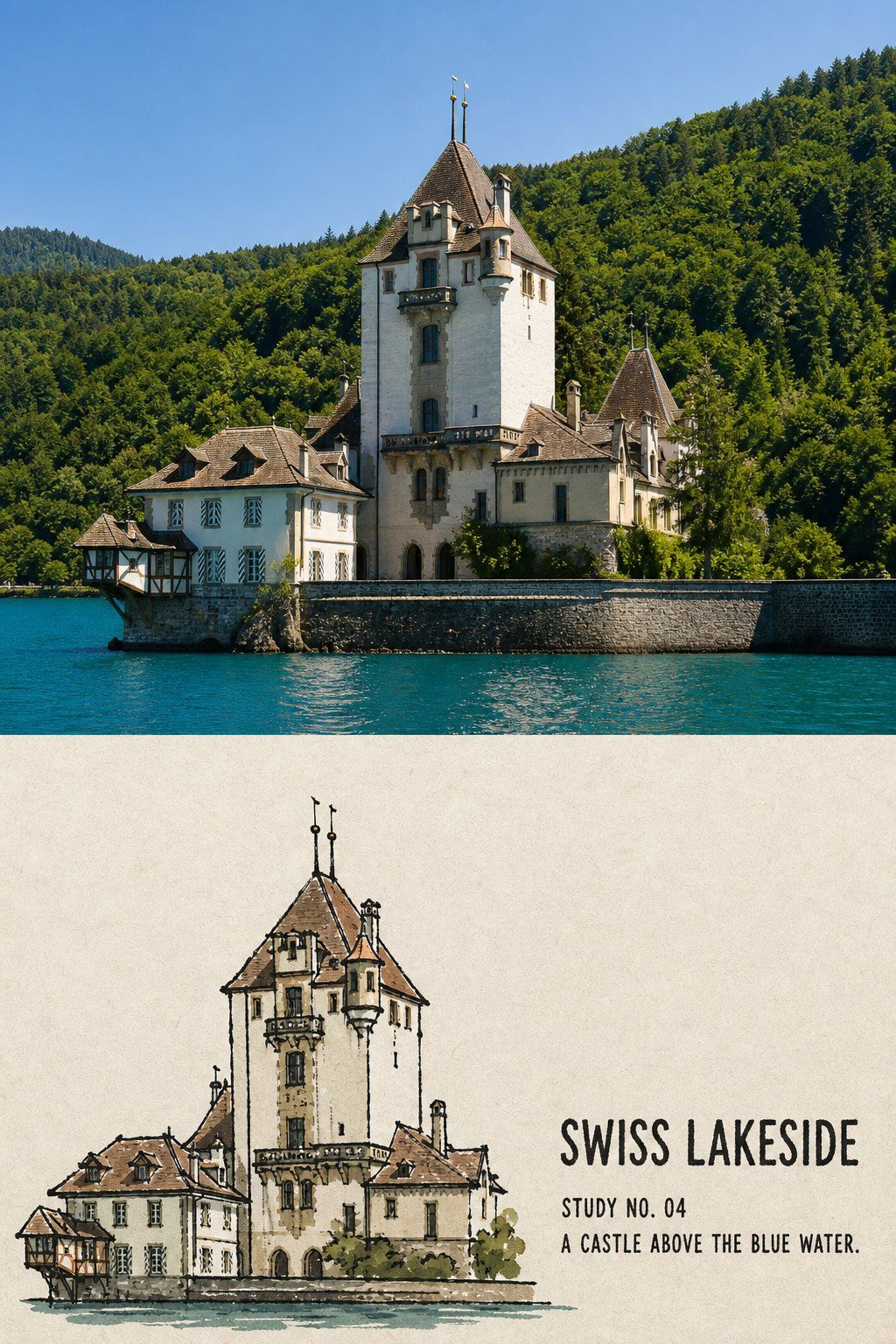 Travel poster pairing a Swiss lakeside castle photograph with a folk ink-line colored landmark miniature