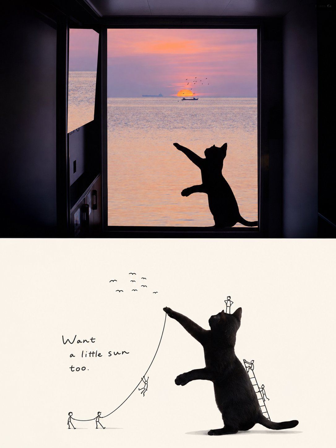 Split editorial poster with a silhouetted cat reaching toward a sunset window above and doodle climbers interacting with the cat below