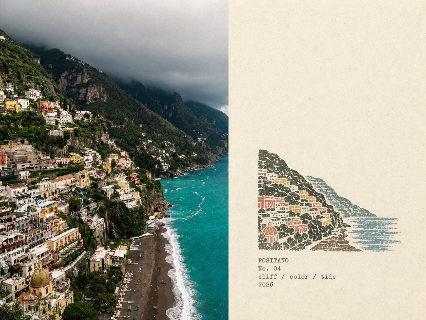 Positano travel field-notes poster pairing a cliffside coastal photograph with a muted multicolor rubber-stamp landscape on old paper