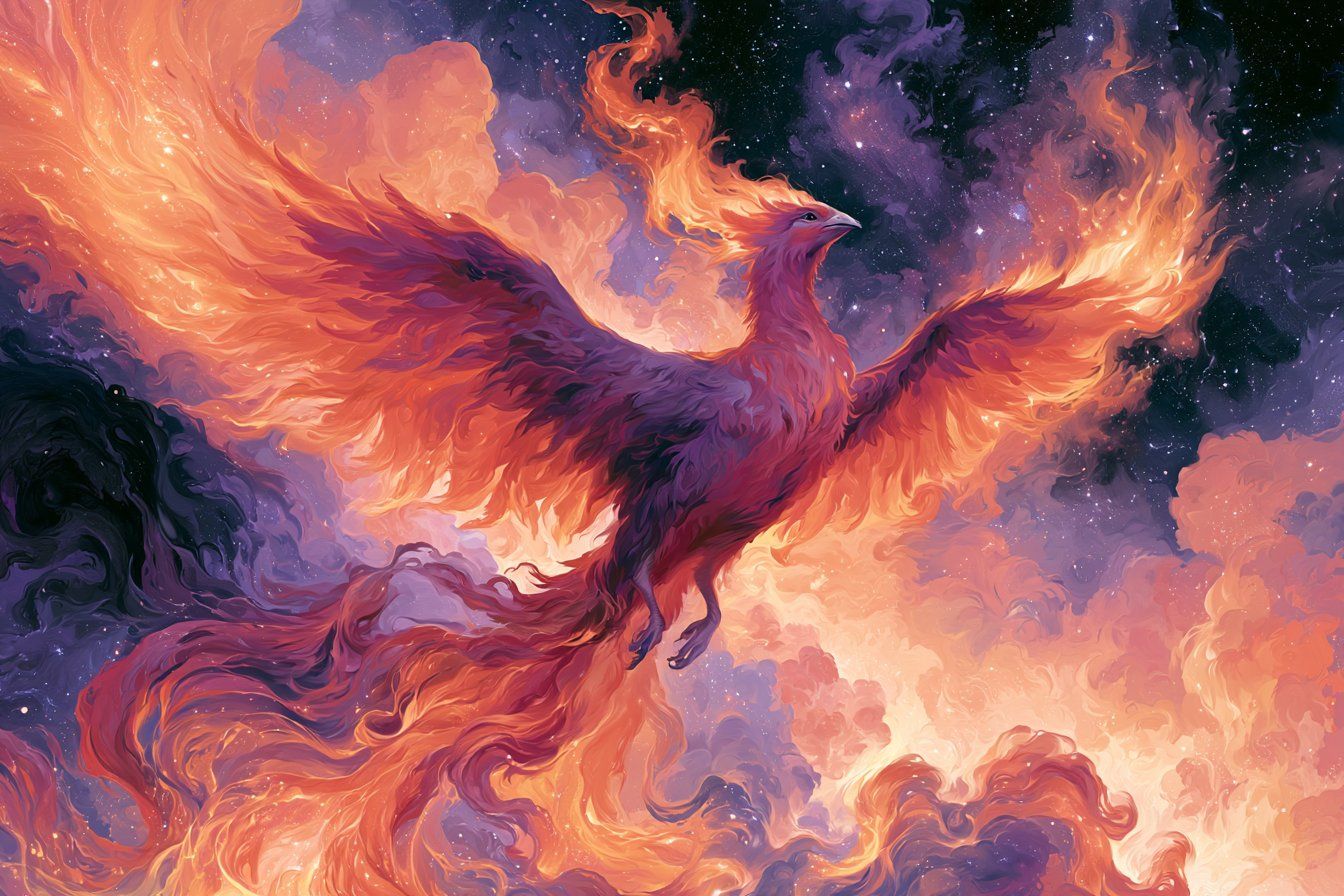 Luminous phoenix flying through sunset orange clouds and a cosmic purple sky