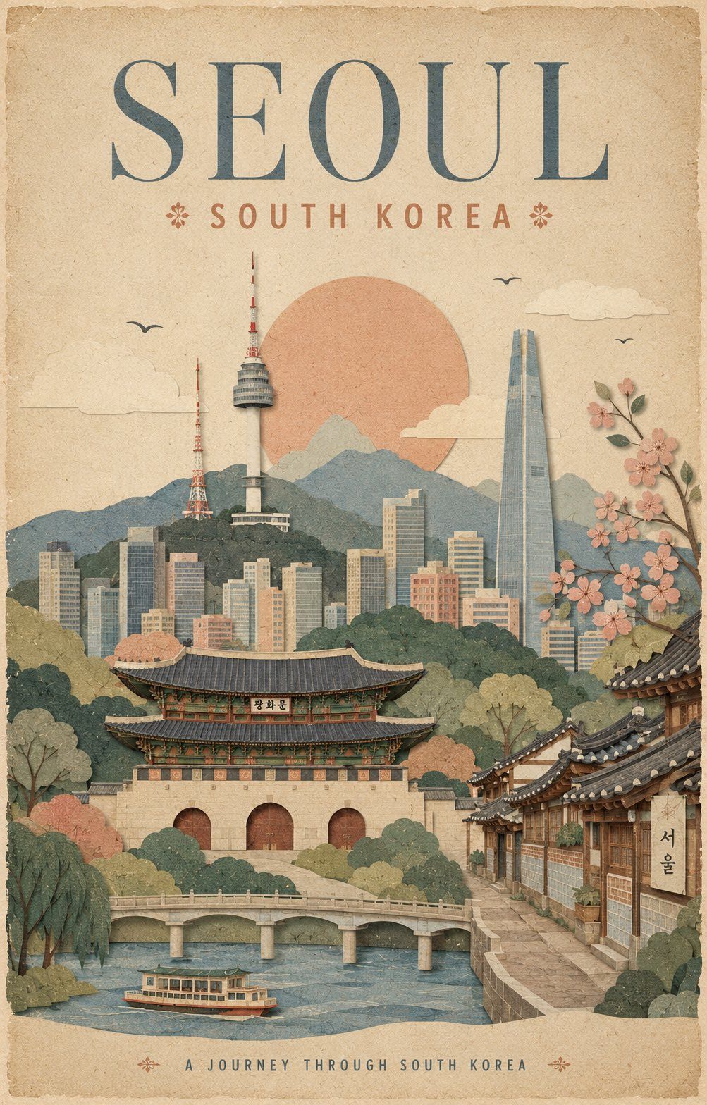 Vintage paper collage travel poster of Seoul with Sungnyemun Gate, hanok rooftops, N Seoul Tower, and Lotte World Tower