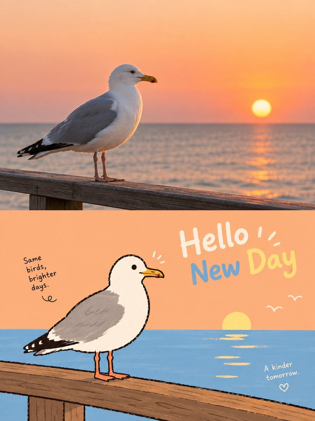 Seagull on a seaside railing at sunset, paired with a flat illustration titled Hello New Day