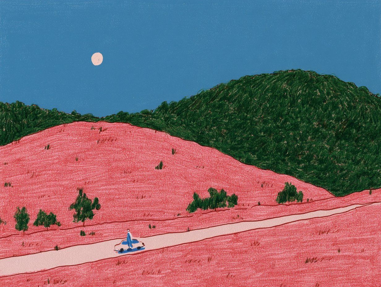 Crayon landscape with a small scooter rider crossing a pink valley beneath green hills
