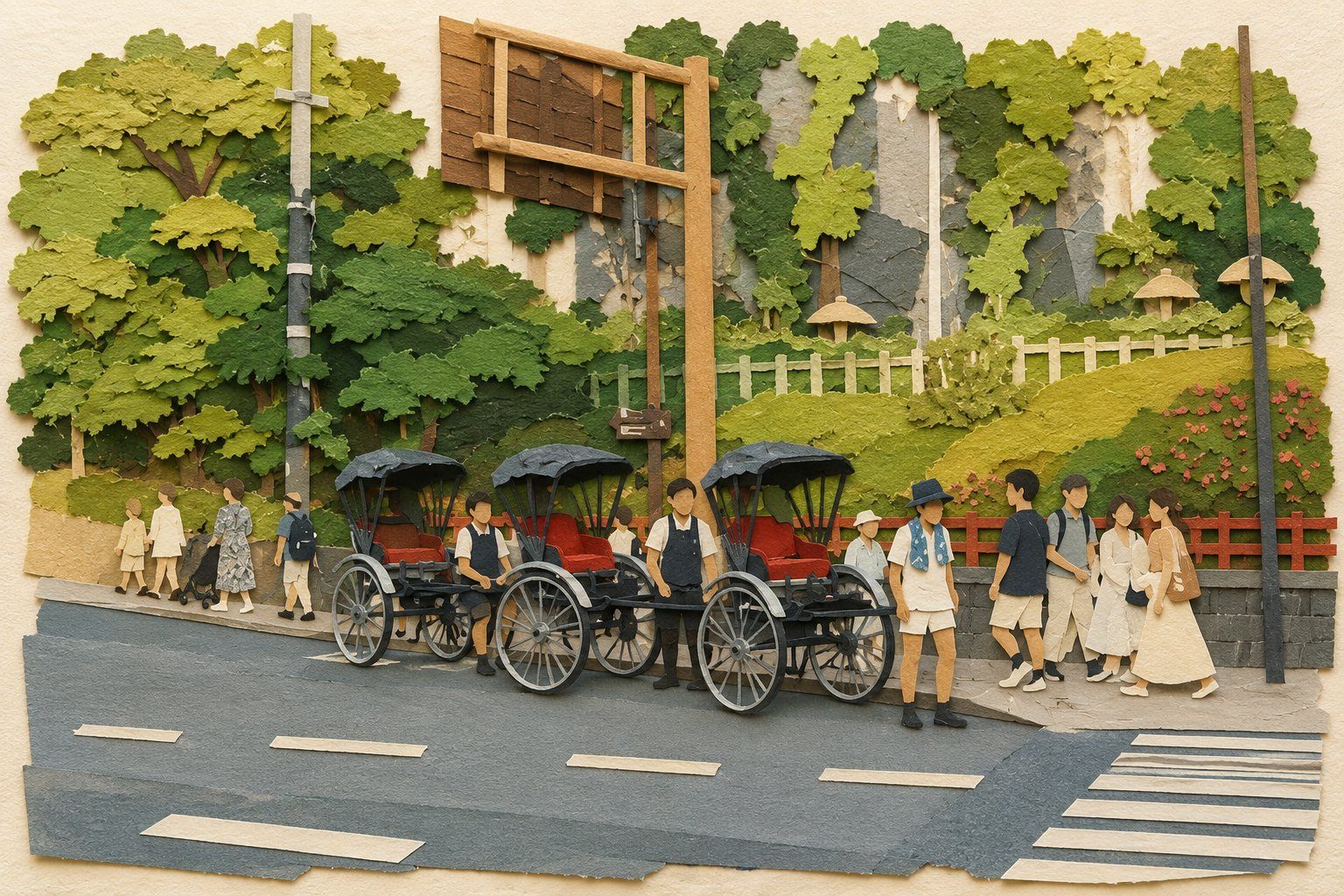 Layered handmade paper collage transforming the rickshaw street scene into cut-paper people, vehicles, trees and road