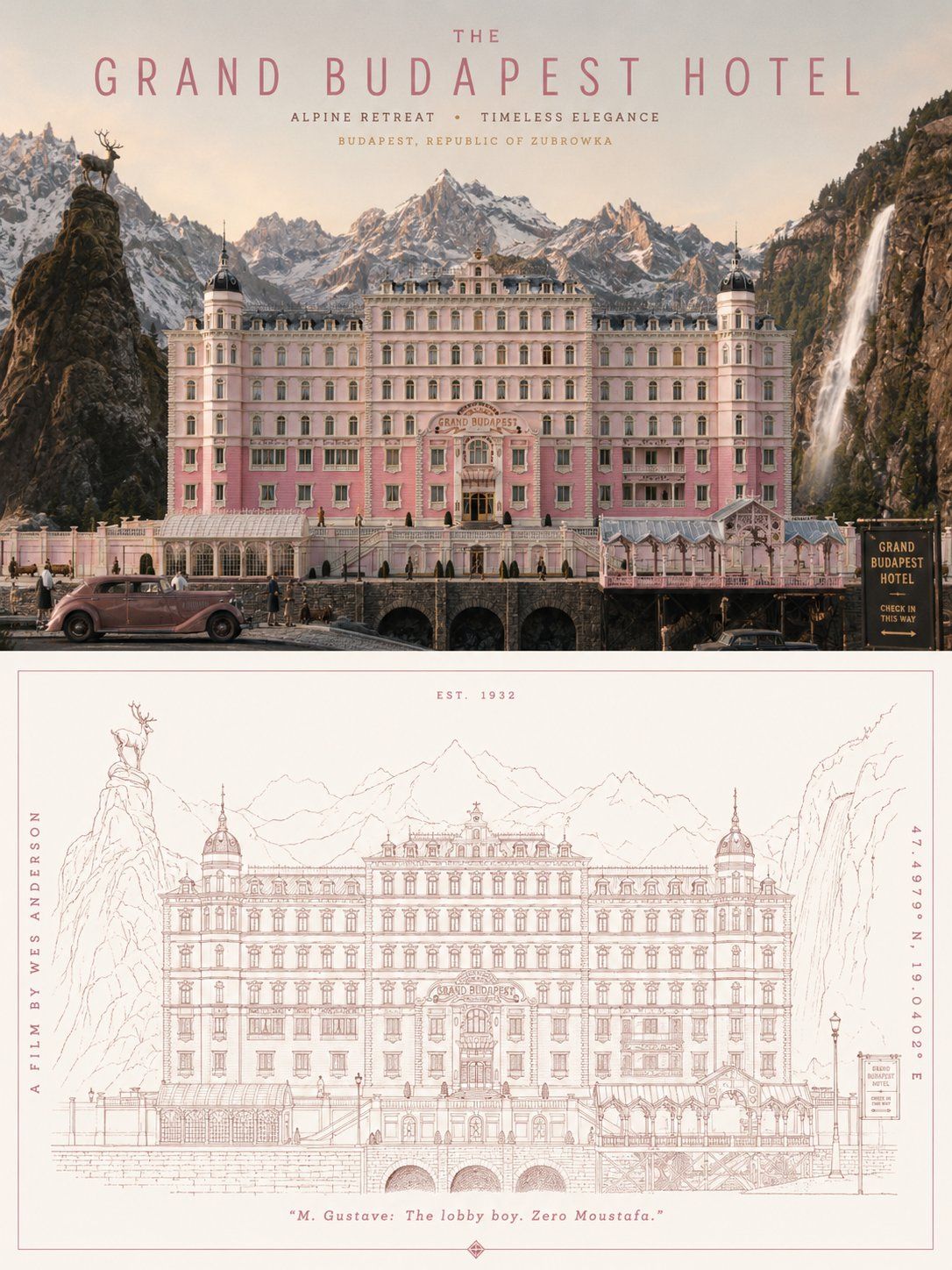 Grand Budapest Hotel poster pairing a cinematic alpine hotel scene with a fine architectural drawing