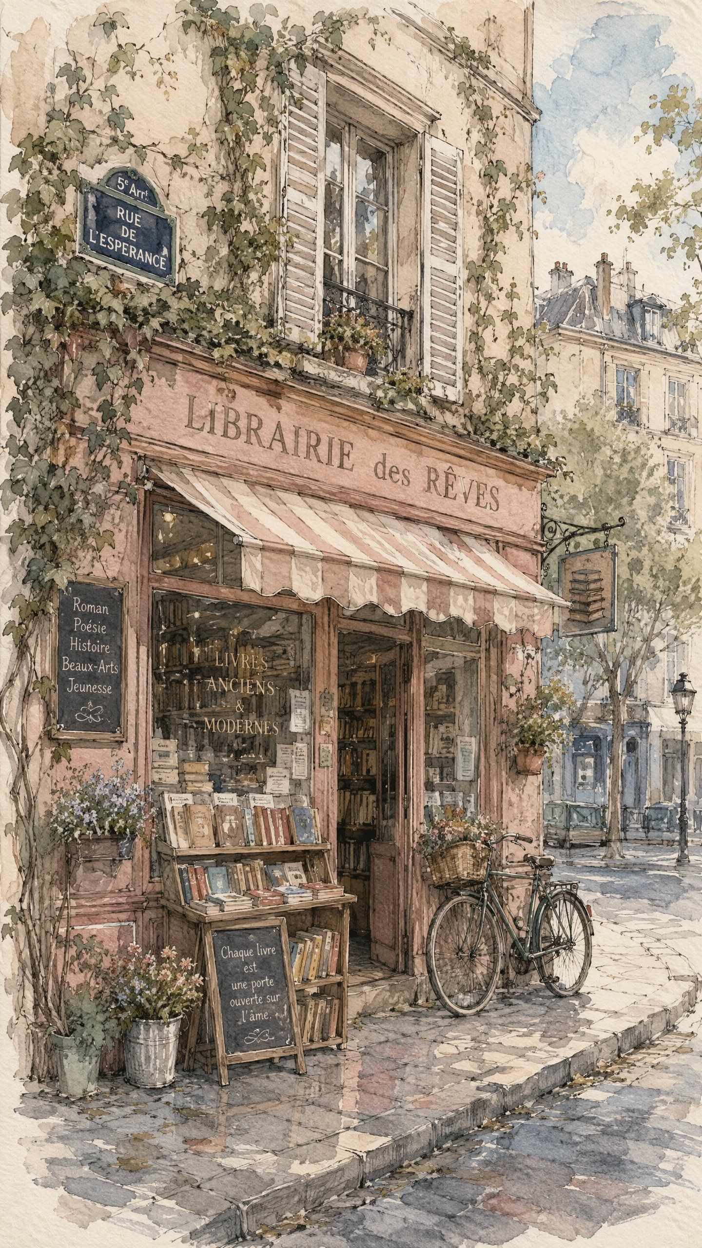 Parisian dream bookstore with ivy, books, and a bicycle