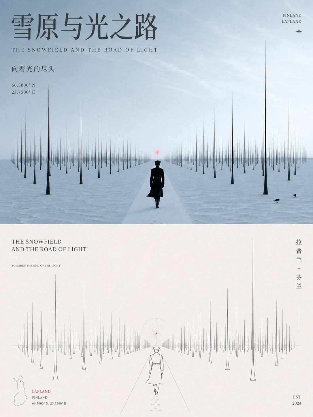 Lapland snowfield poster pairing a lone figure in a wintry landscape with a minimalist line-art reconstruction