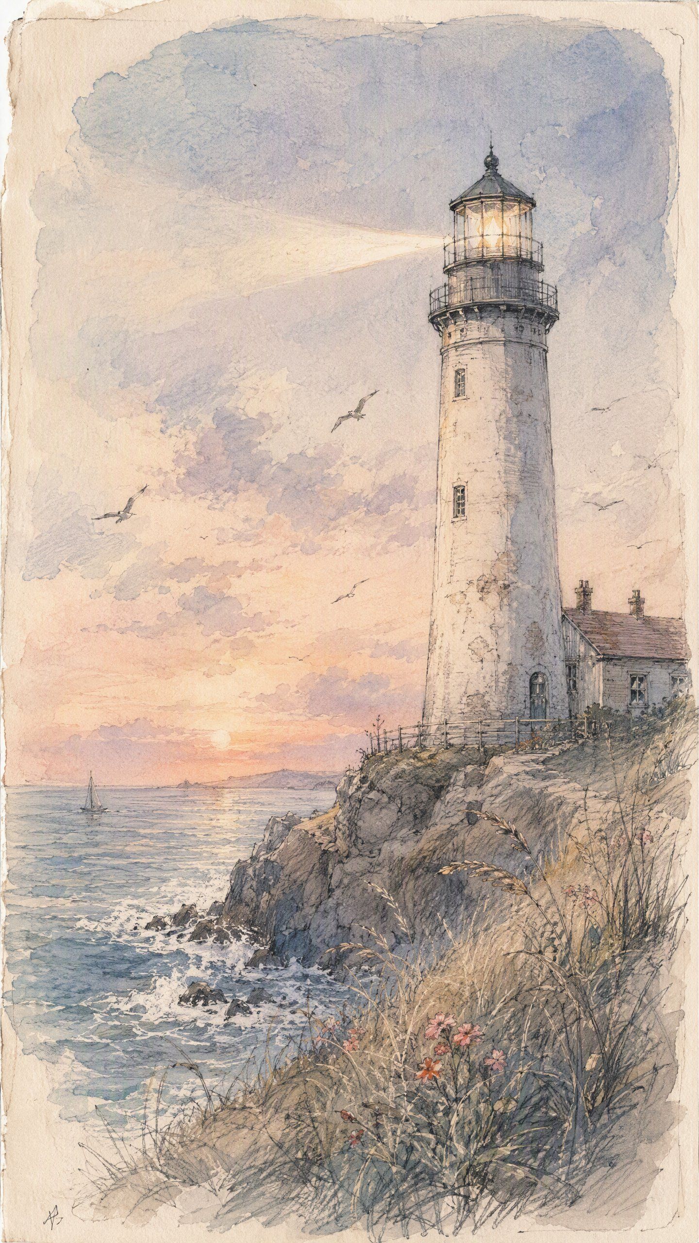 Coastal lighthouse above the sea at a pastel sunset