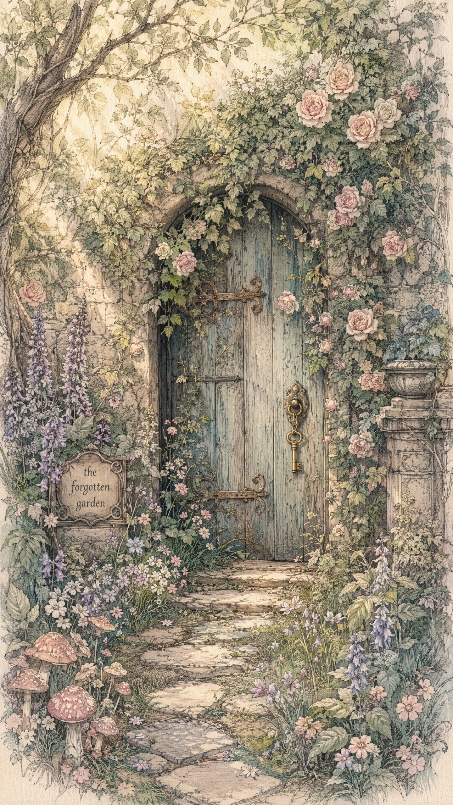 Secret garden door surrounded by roses, flowers, and mushrooms