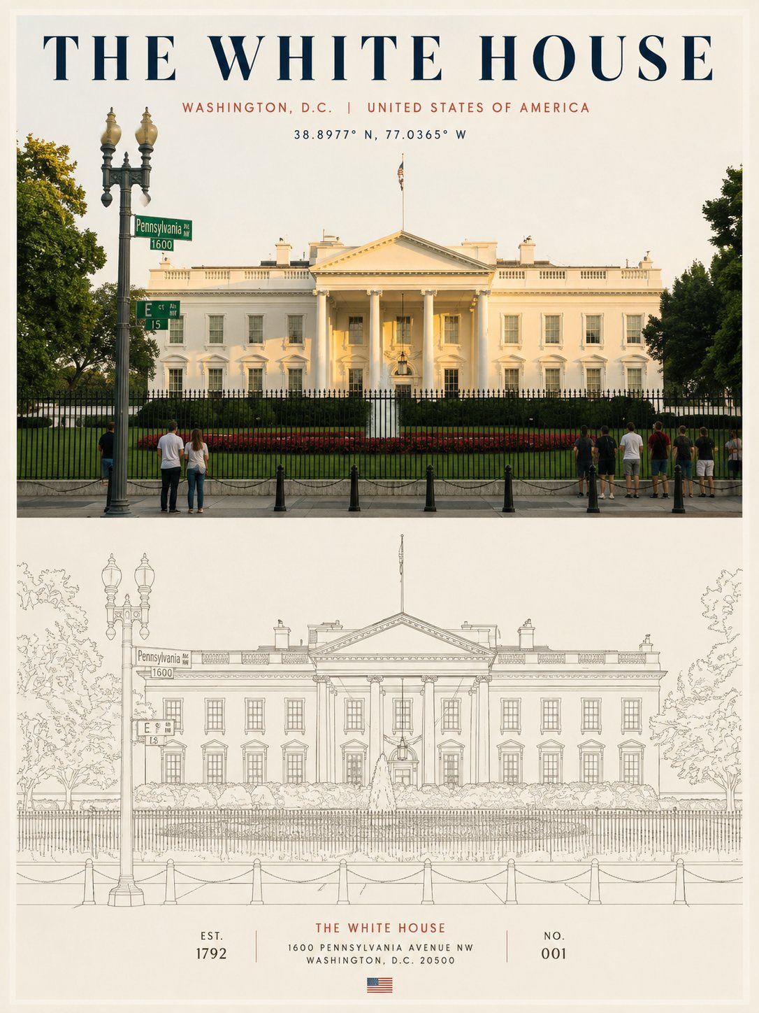 White House cultural poster pairing a street-level photograph with a precise architectural line drawing