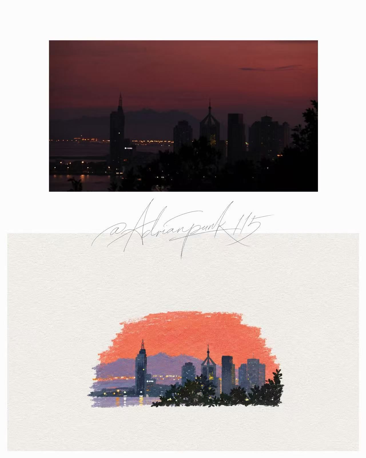 Person running toward the sea paired with a minimalist painted reinterpretation