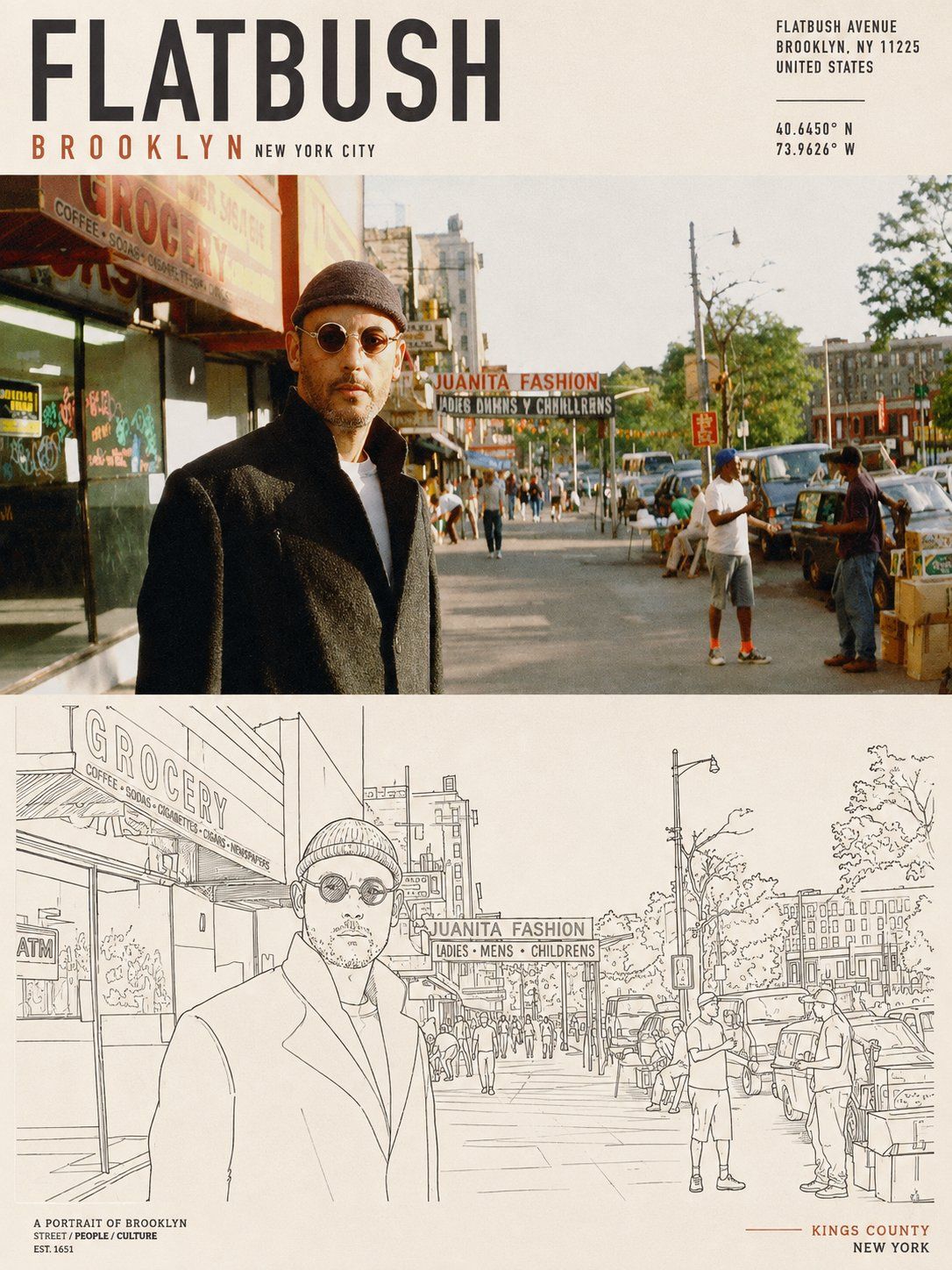 Flatbush Brooklyn poster pairing a neighborhood portrait with a detailed streetscape line-art abstraction
