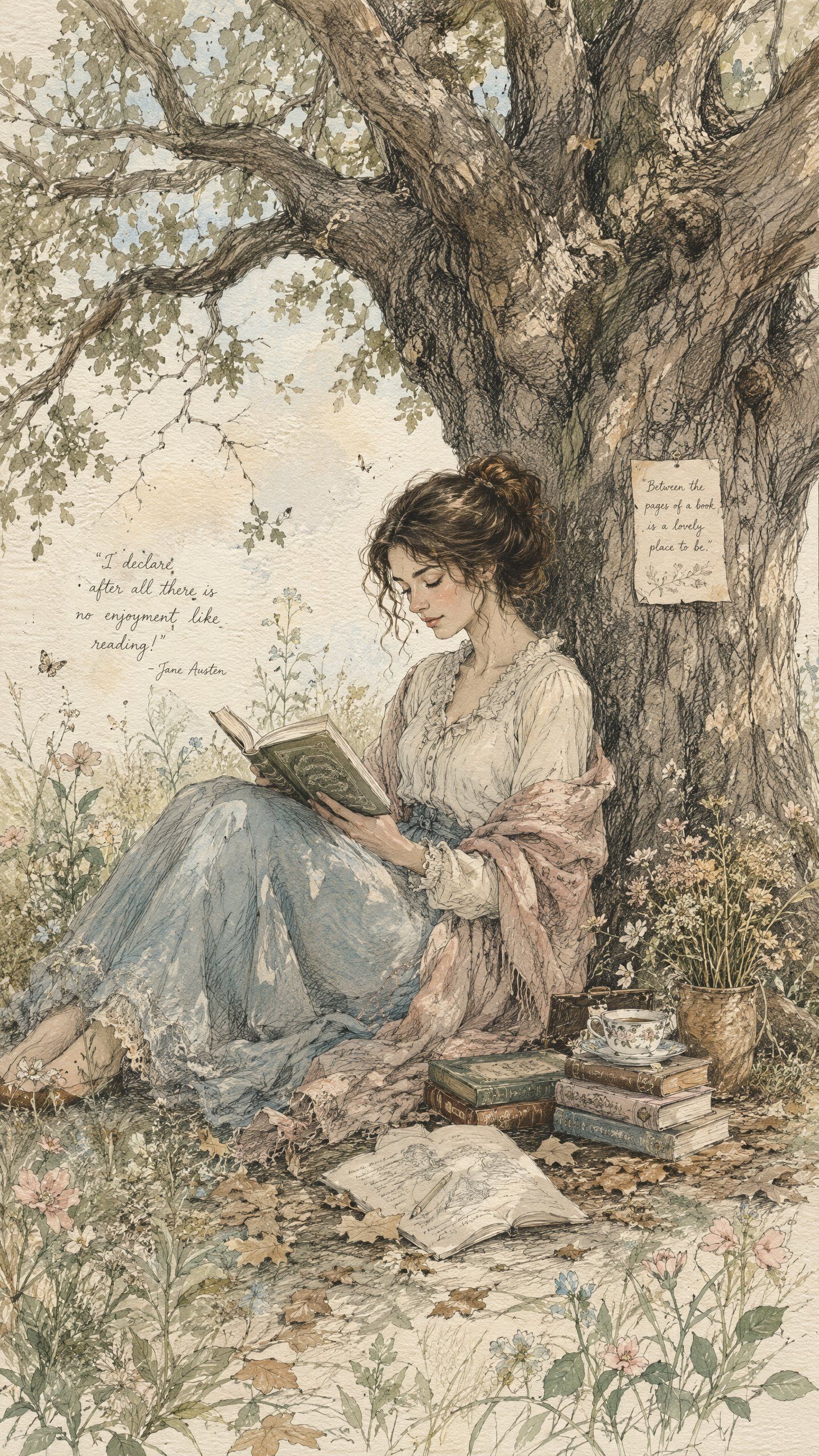 Woman reading beneath a large tree with books and a teacup