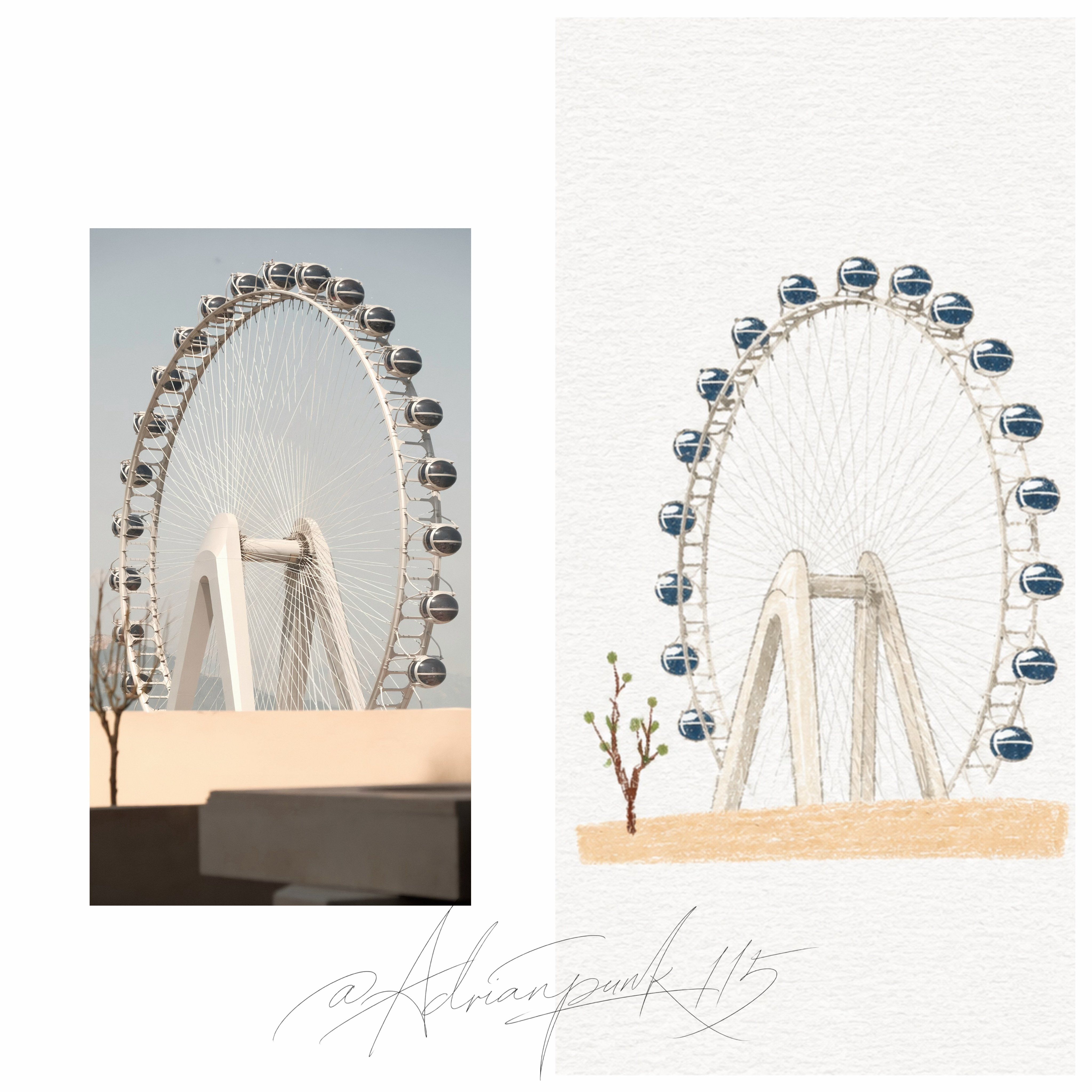 White arched building photograph paired with a simplified blue acrylic illustration