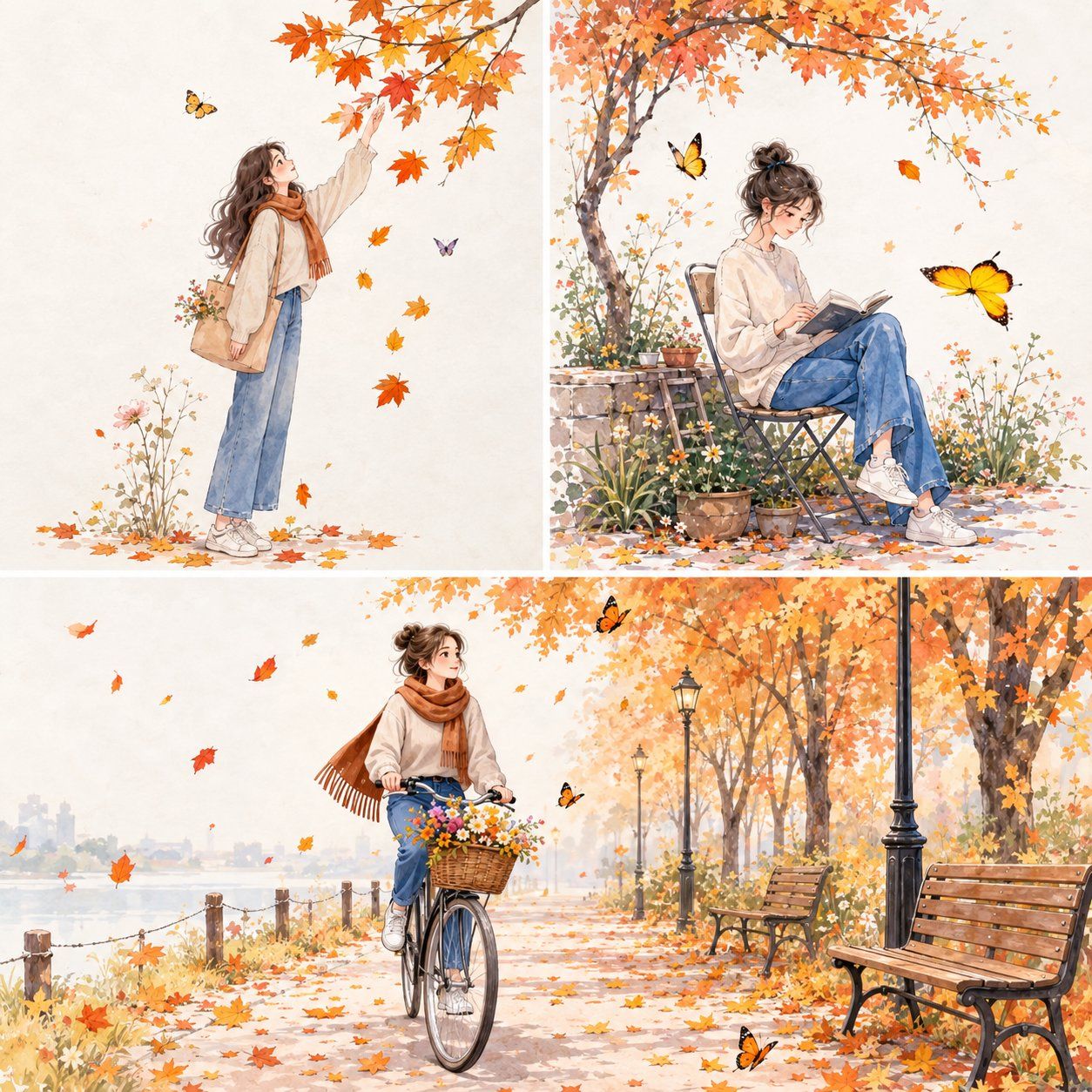 Three watercolor reference scenes of a young woman reaching for autumn leaves, reading beneath a tree, and riding a flower-basket bicycle
